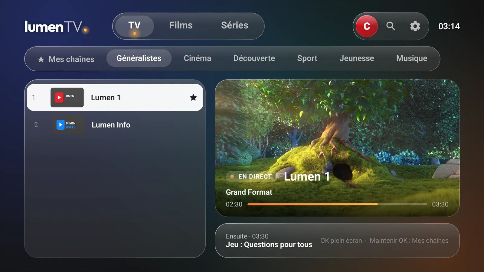 LumenTV, onglet TV : la liste des chaînes à gauche, et l'aperçu en direct de la chaîne Lumen 1 à droite.
