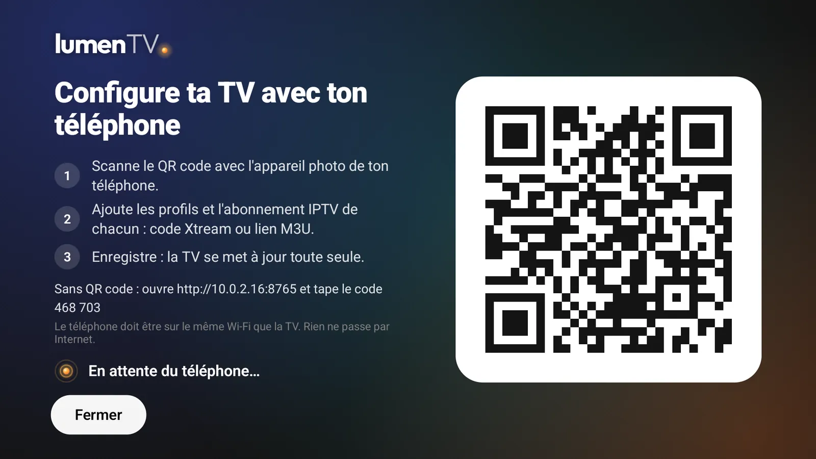 L'écran de configuration de LumenTV : « Configure ta TV avec ton téléphone », trois étapes et un grand QR code.