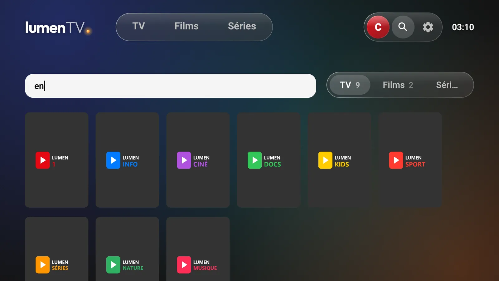 La recherche : les résultats sont rangés en TV, Films et Séries, ici neuf chaînes.