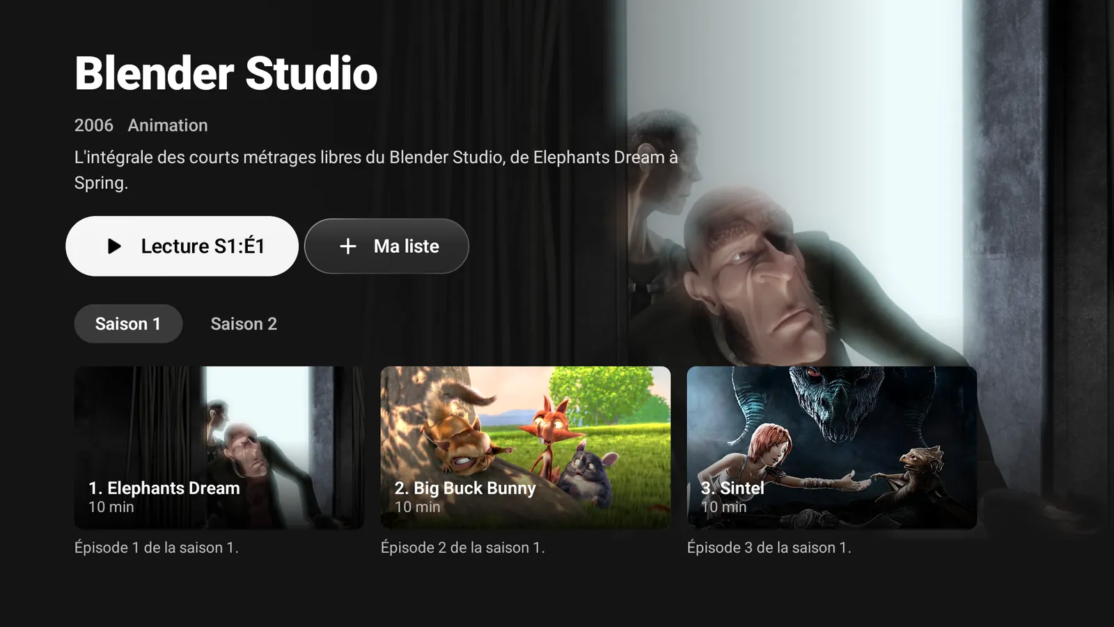La fiche de la série Blender Studio : le bouton Lecture S1:É1, les saisons et les épisodes avec leur image.