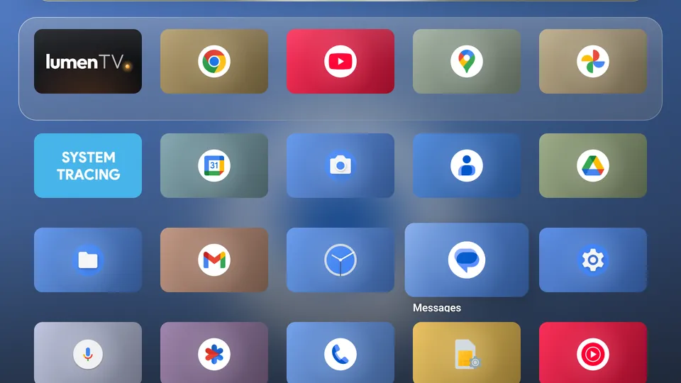 La grille de LumenUI : toutes les applis, cinq par rangée, sous le dock.